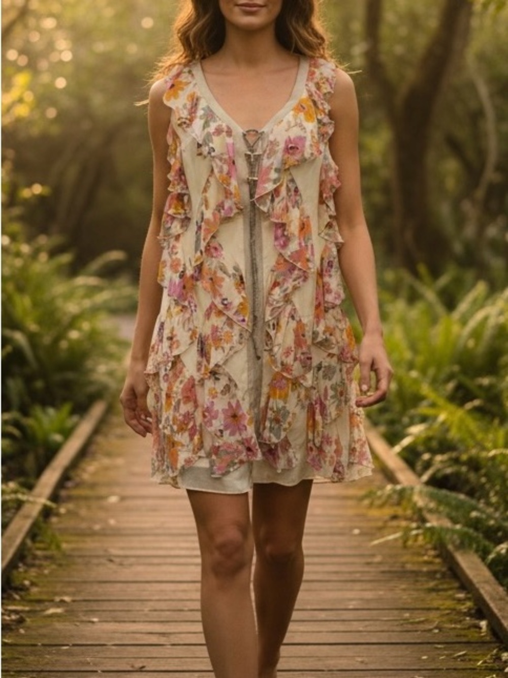 Sachin + Babi for Ankasa Silk Floral Ruffle Dress Cream Pink & Orange Accents